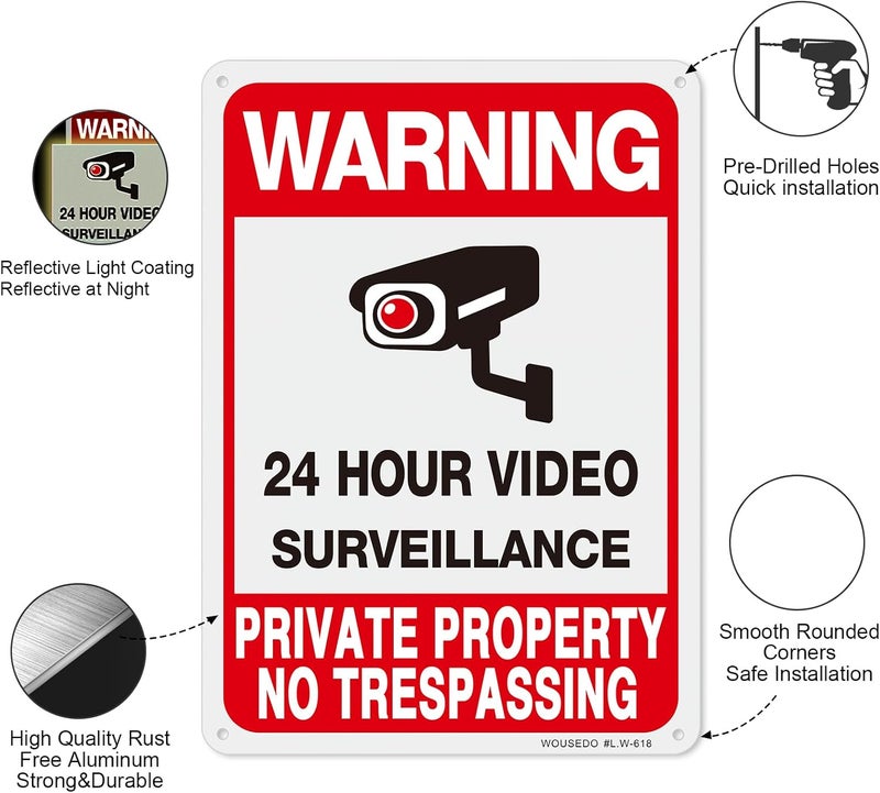 WOUSEDO 2-Pack Private Property No Trespassing Sign,Video Surveillance Signs Outdoor,Rust Free Aluminum 10 x7 Inches Security Camera Sign for Home,Business,CCTV,UV Protected & Waterproof - Image 3